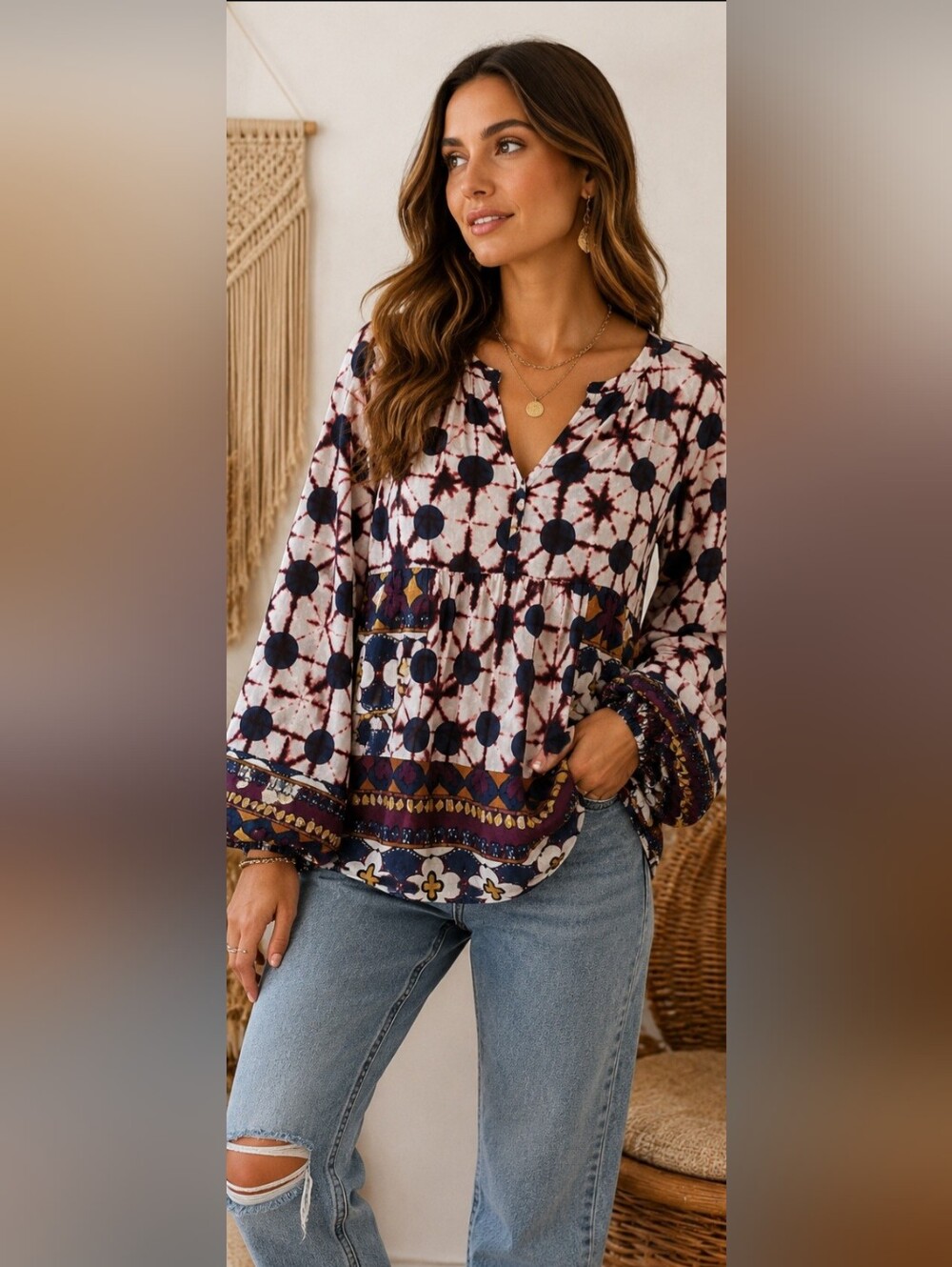 Solitaire Large Boho Peasant Blouse Balloon Sleeve Cotton Rayon Mixed Print